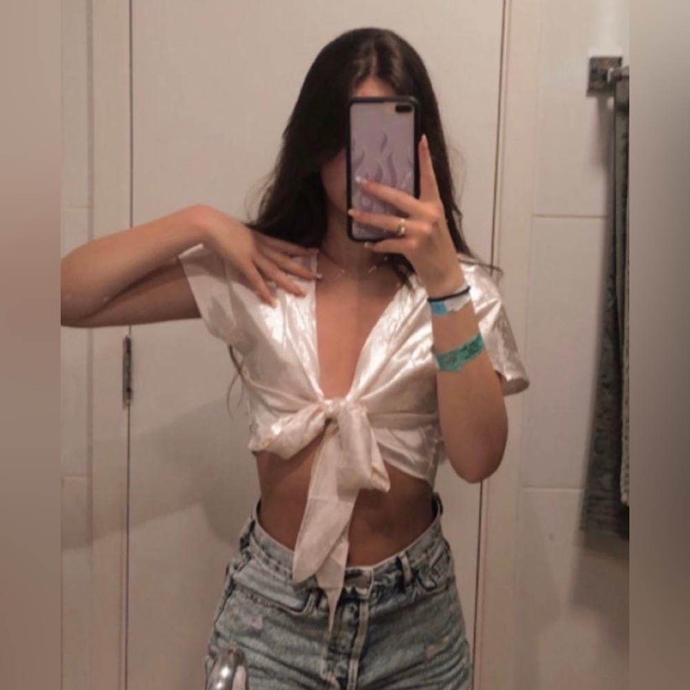 Shein White Flower Printed Front Tie Top